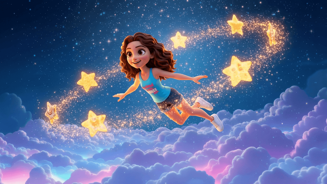 An animated girl flying through a starry sky