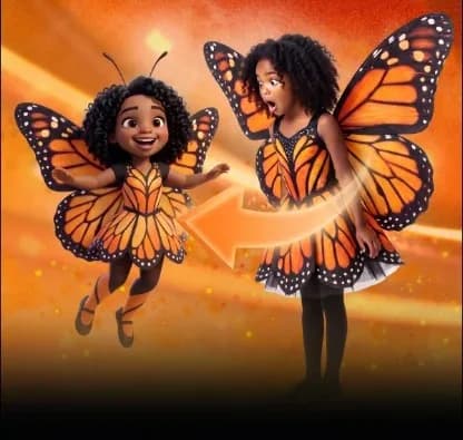 A girl in a butterfly costume next to her animated butterfly character
