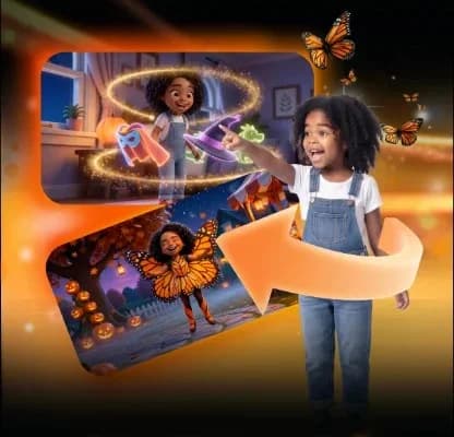 A girl pointing at scenes from her own animated Halloween movie